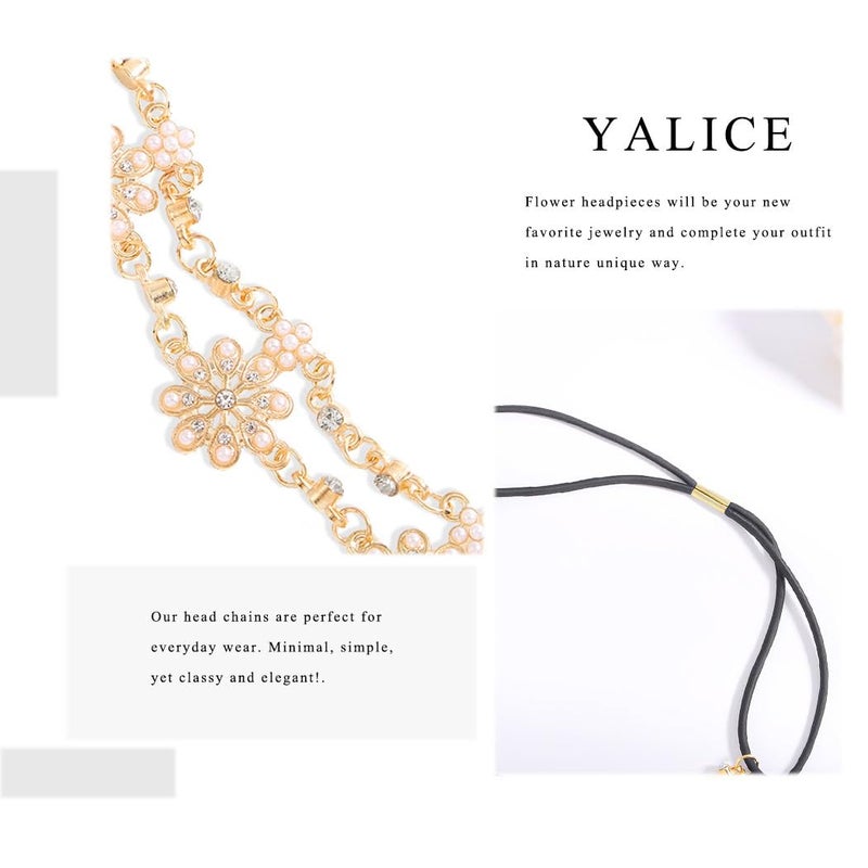Yalice Indian Flower Head Chain Jewelry Gold Crystal Headband Elastic Goddess Headpieces Rhinestone Wedding Hair Chain Jewelry for Women(Gold-1) - Image 4